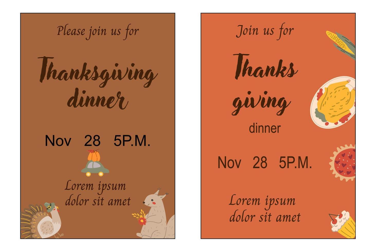 Fall thanksgiving invitation set. Autumn turkey day holiday posters. vector