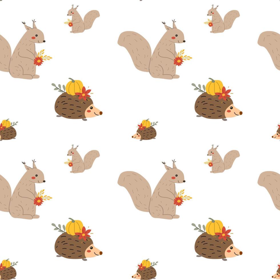 Fall thanksgiving pattern with autumn leaves and plants, animals. Cute fabric design. vector
