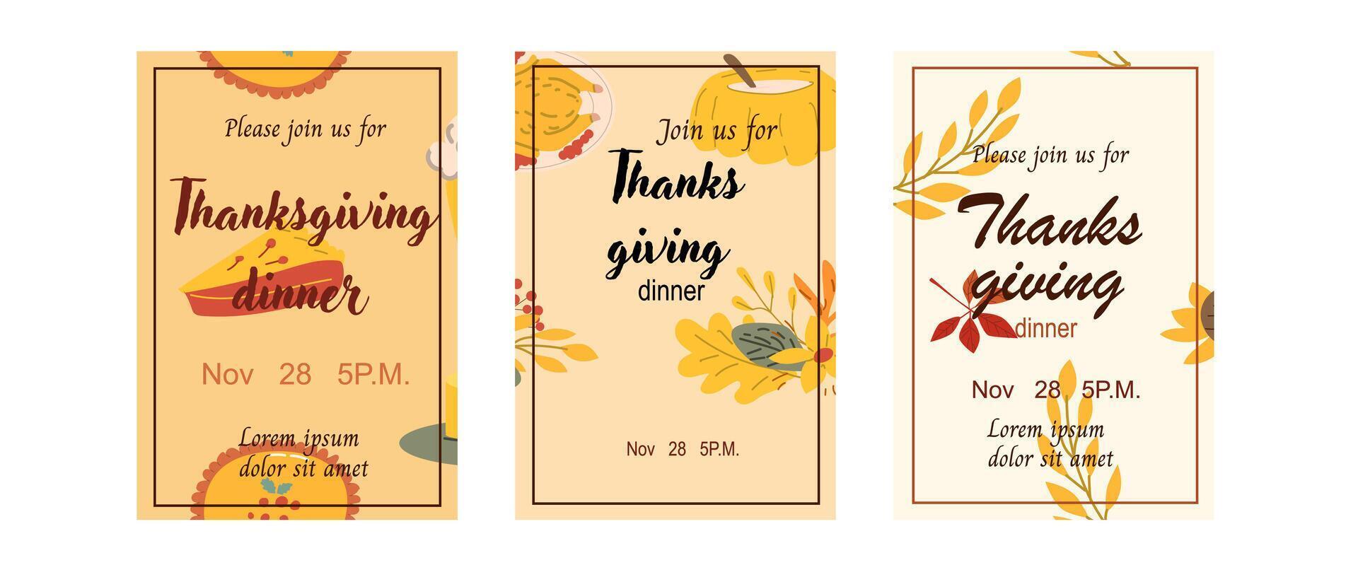 Fall thanksgiving invitation set. Autumn turkey day holiday posters. vector