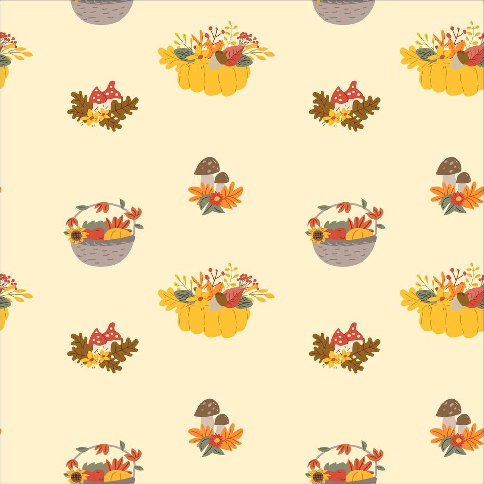 Fall thanksgiving pattern with autumn leaves and plants, animals. Cute fabric design. vector