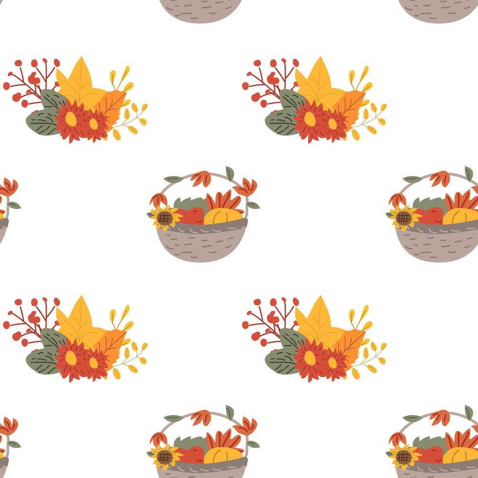 Fall thanksgiving pattern with autumn leaves and plants, animals. Cute fabric design. vector