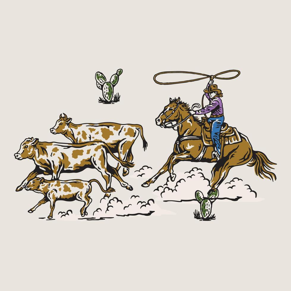 Cowboy Riding Horse Chasing Bulls Vintage Hand Drawn Illustration vector