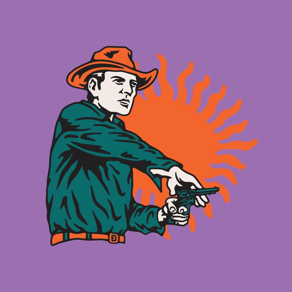 Cowboy Shooting Pose Vintage Hand Drawn Illustration vector