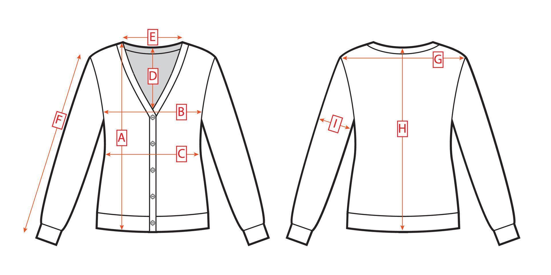 Womans cardigan sketch. Clothing measurements. vector