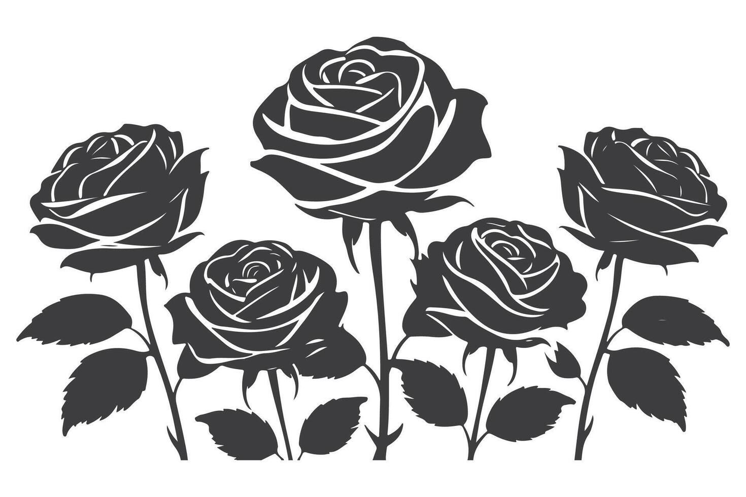 Set of black roses silhouette bold outline botanical illustration collection vector