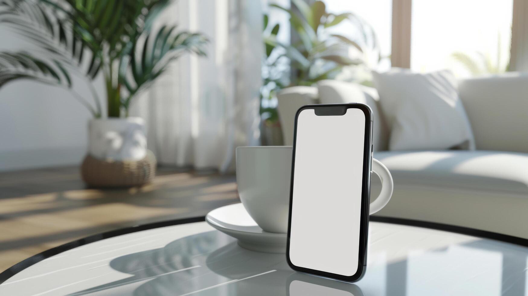 Blank screen smartphone mockup on a minimalist with coffee on the table photo
