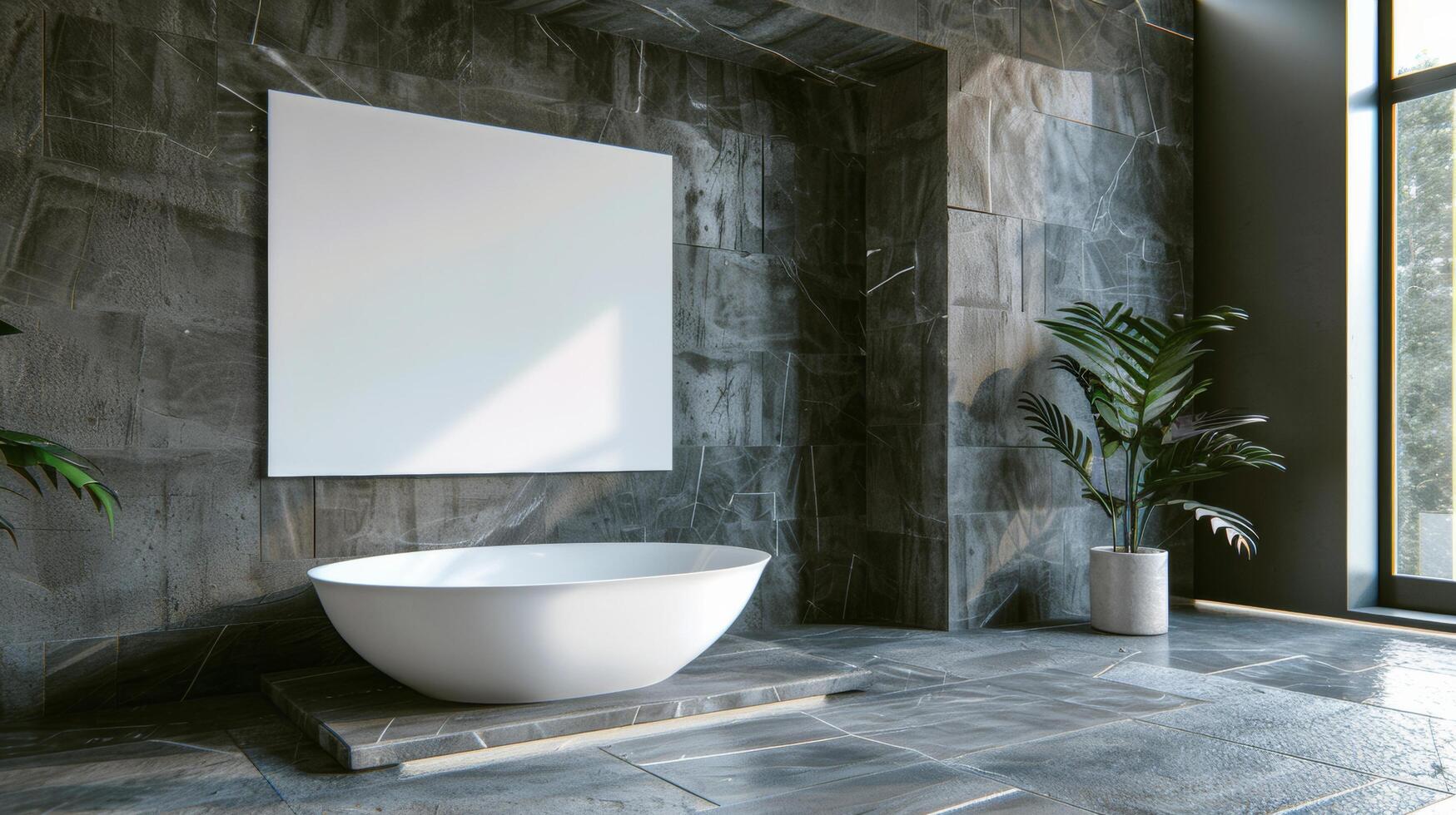 The image shows a bathroom with a large bathtub, a mirror, and a plant. The walls are made of concrete and the floor is made of stone. The bathroom is decorated in a modern style. photo