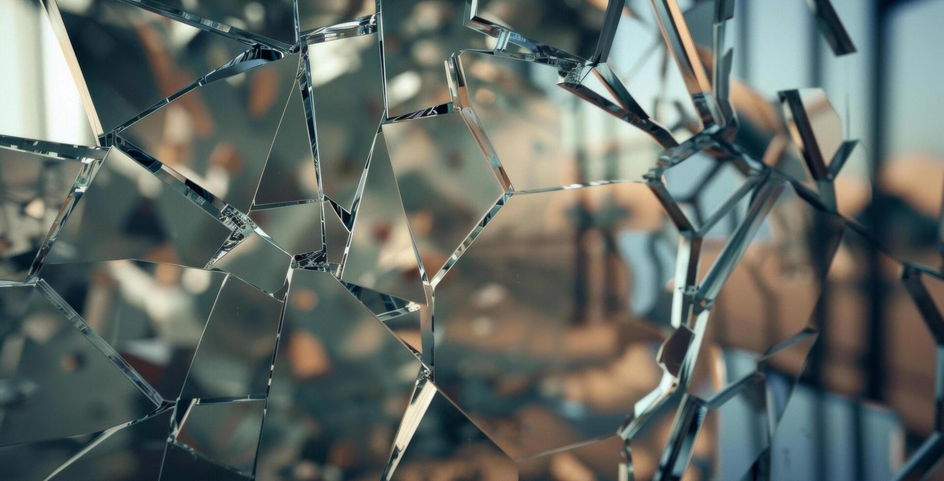A cracked mirror reflects a room with a window background photo