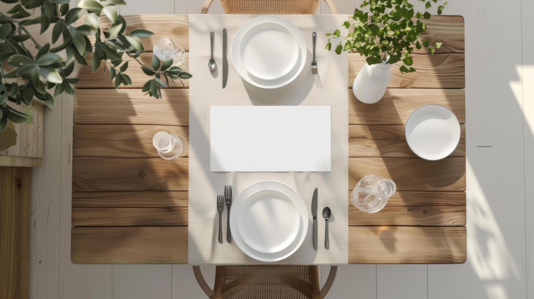 Top view of minimalist dining table with a blank placemat mockup photo