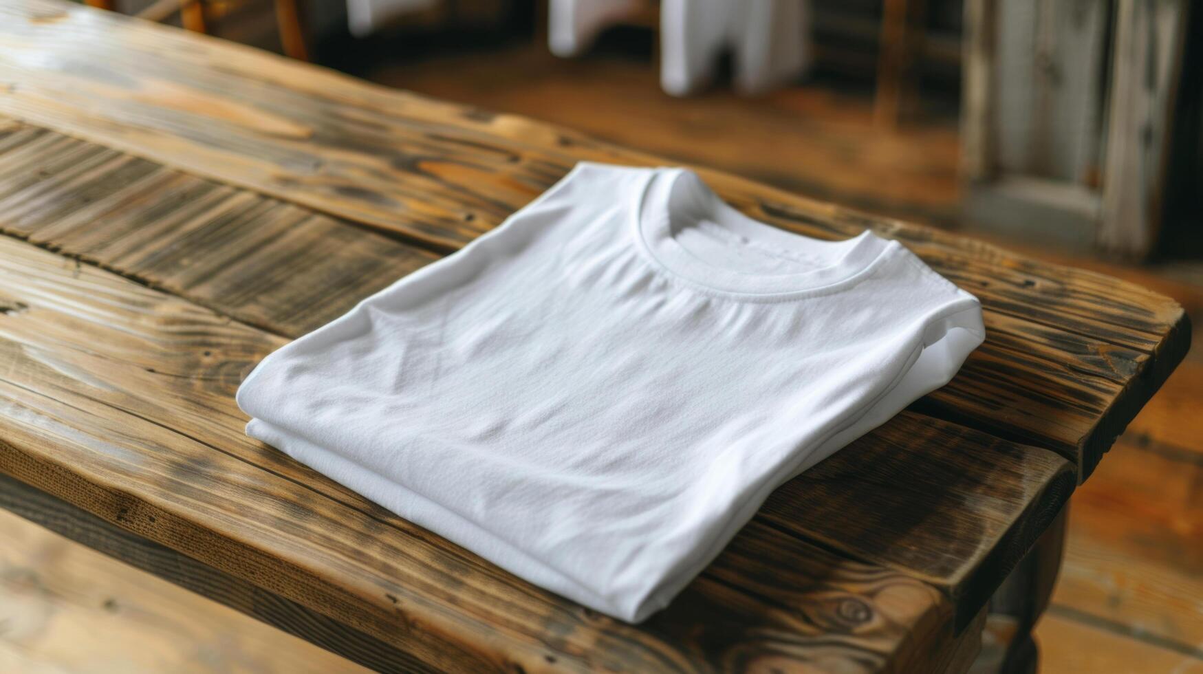A stack of folded white t-shirts mockup on a shelf in a store photo