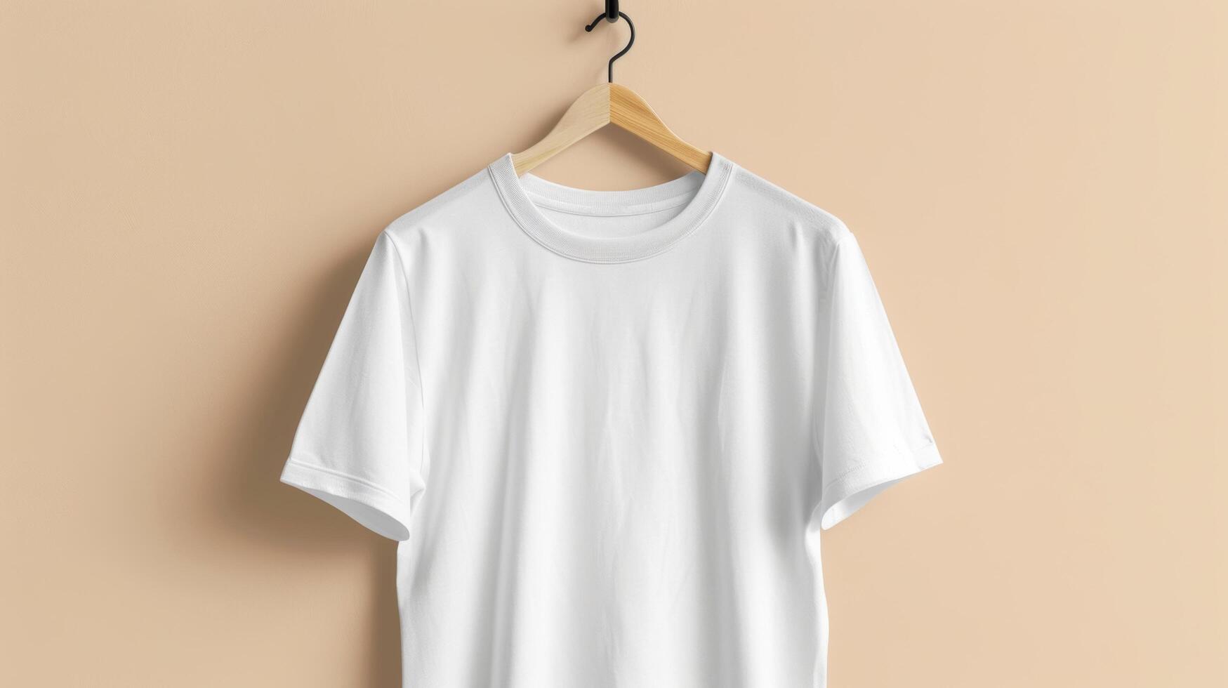 Blank white t-shirt mockup on a hanger against a neutral background photo