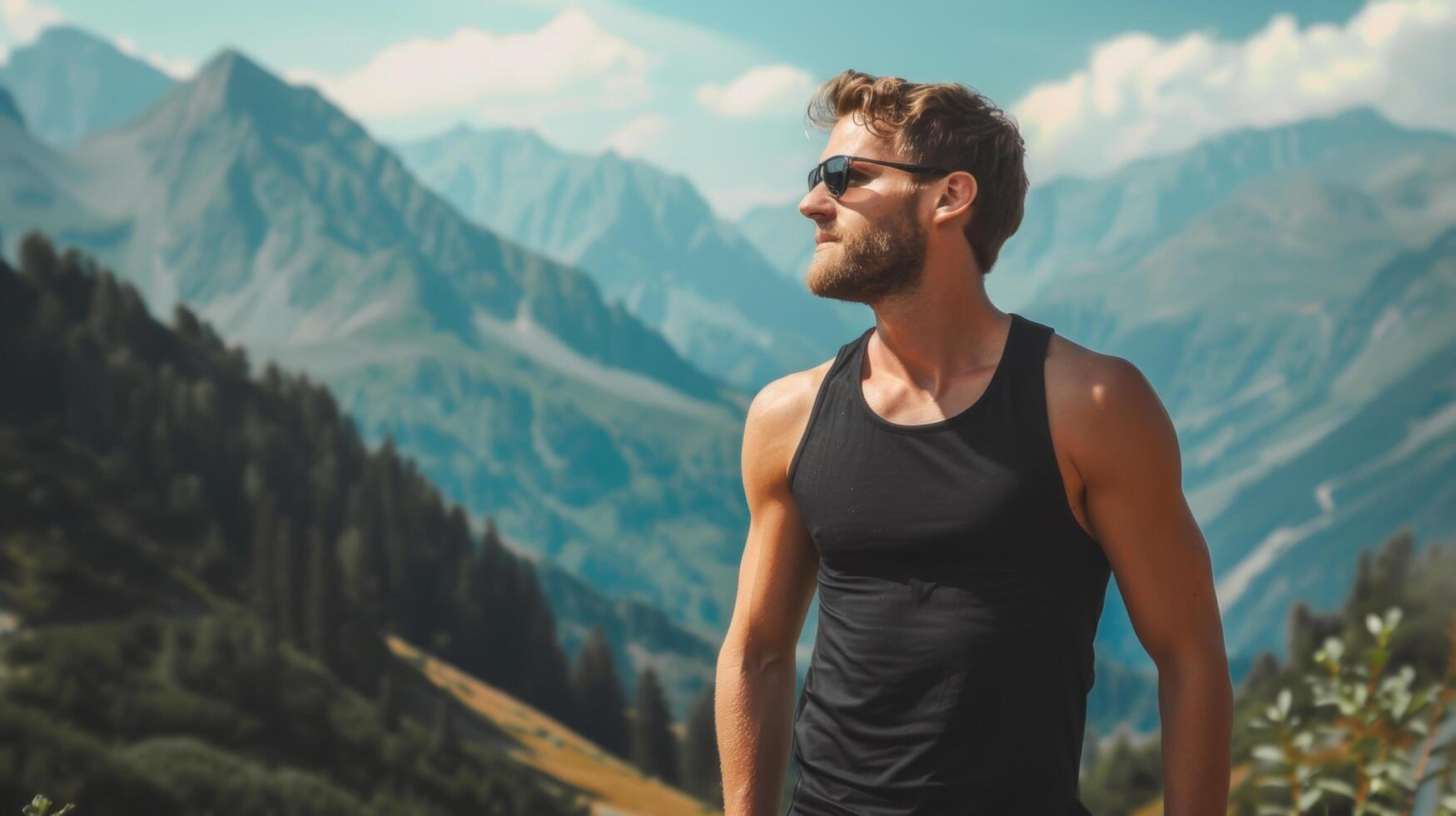 healthy man wearing a blank black tank top mockup while hiking in the mountains photo