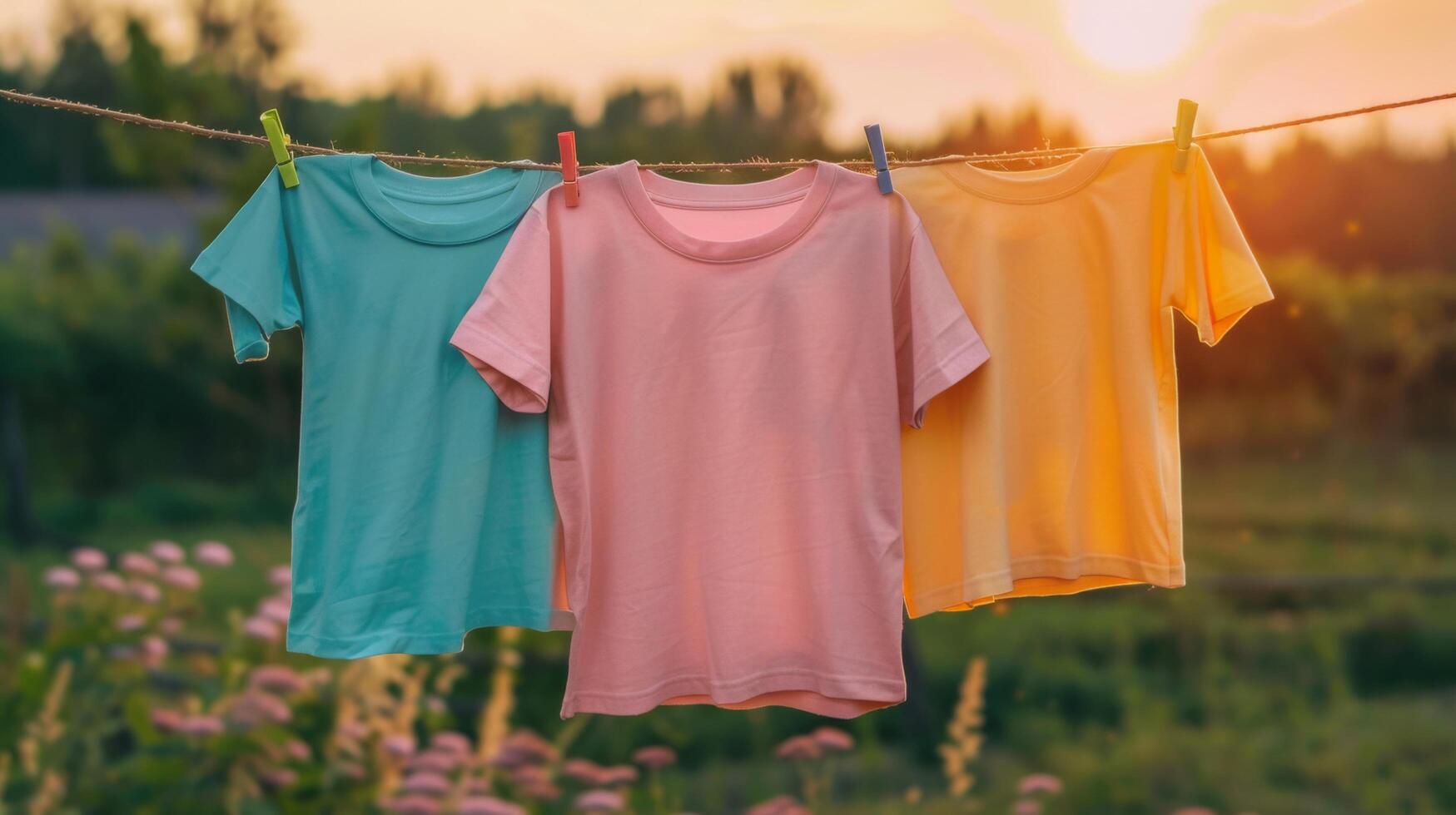 Three shirts of different colors hang on a clothesline against the backdrop of a sunset photo