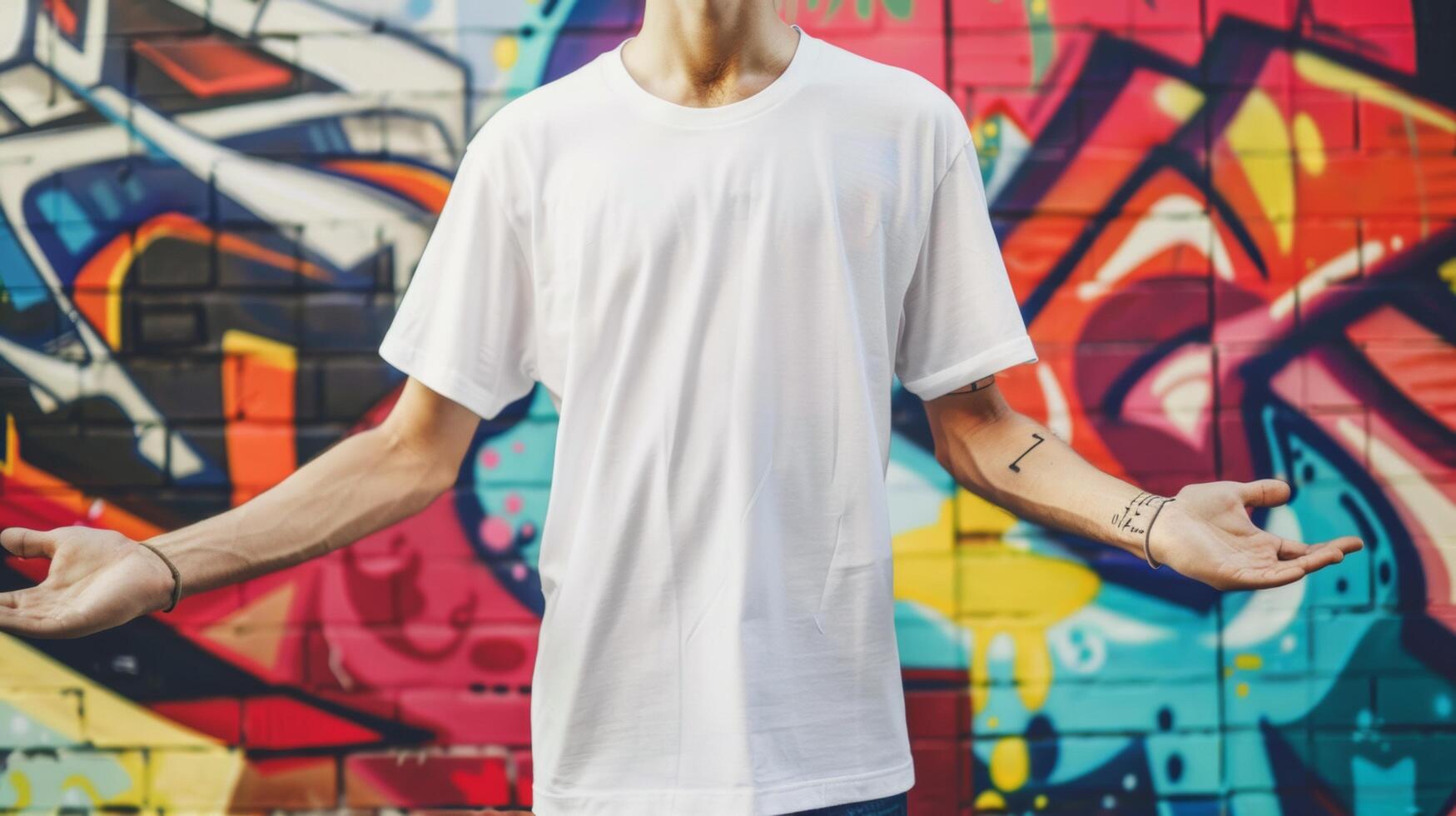 A man wearing a white shirt is standing with his arms outstretched in front of a graffiti wall photo