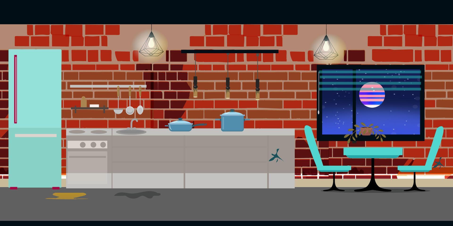 Kitchen in an old dirty apartment. brick wall, table, refrigerator. For 2d games location. illustration vector