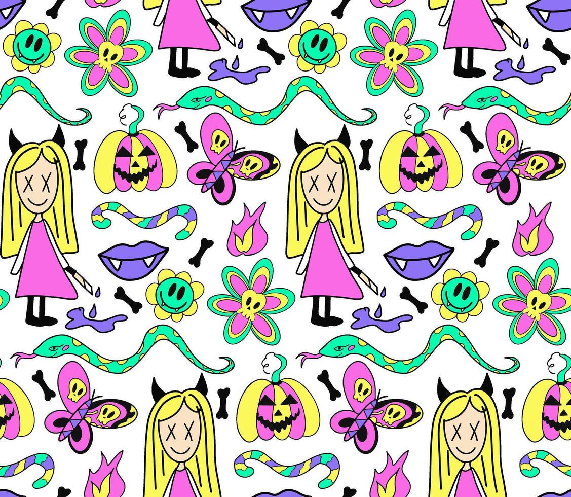 Groovy halloween pattern in retro 70s style. Psychedelic hippie design Y4K. illustration vector
