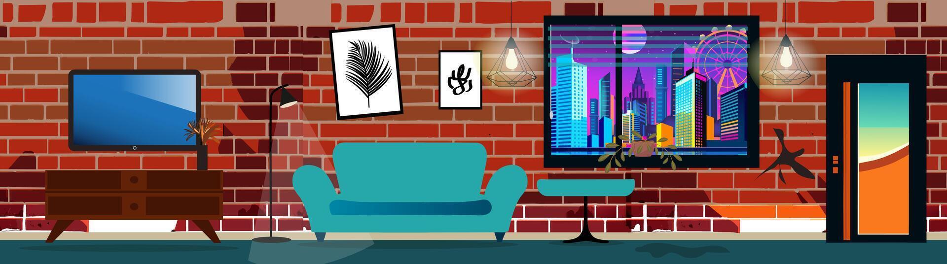 Old dirty living room brick wall, TV, sofa. For 2d game location. illustration vector