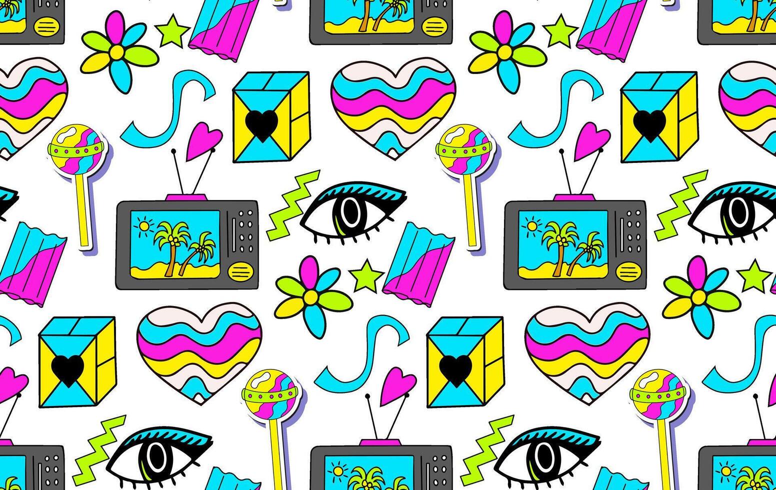 Trendy 90s style seamless pattern with neon items elements,Fashion texture with patch, stickers. Pop art wallpapers, textile and wrapping print. illustration vector