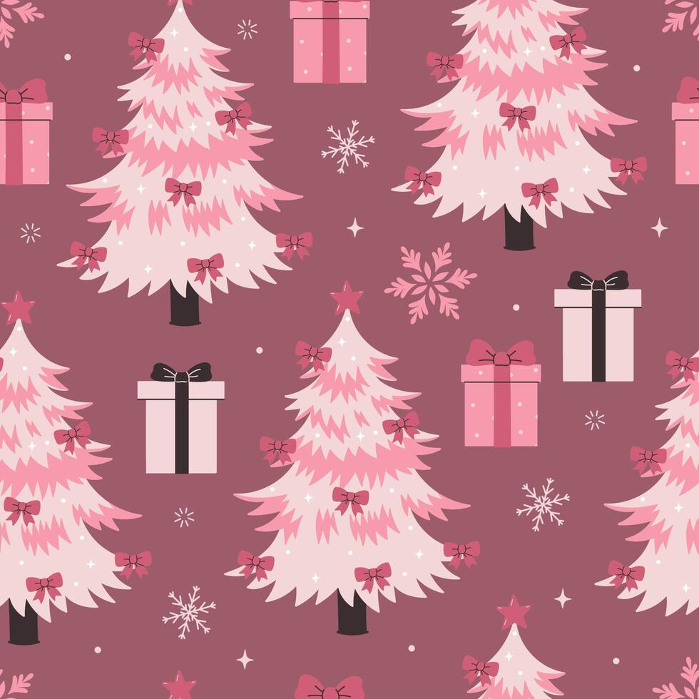Seamless pattern with pink Christmas trees and gifts. graphics. vector