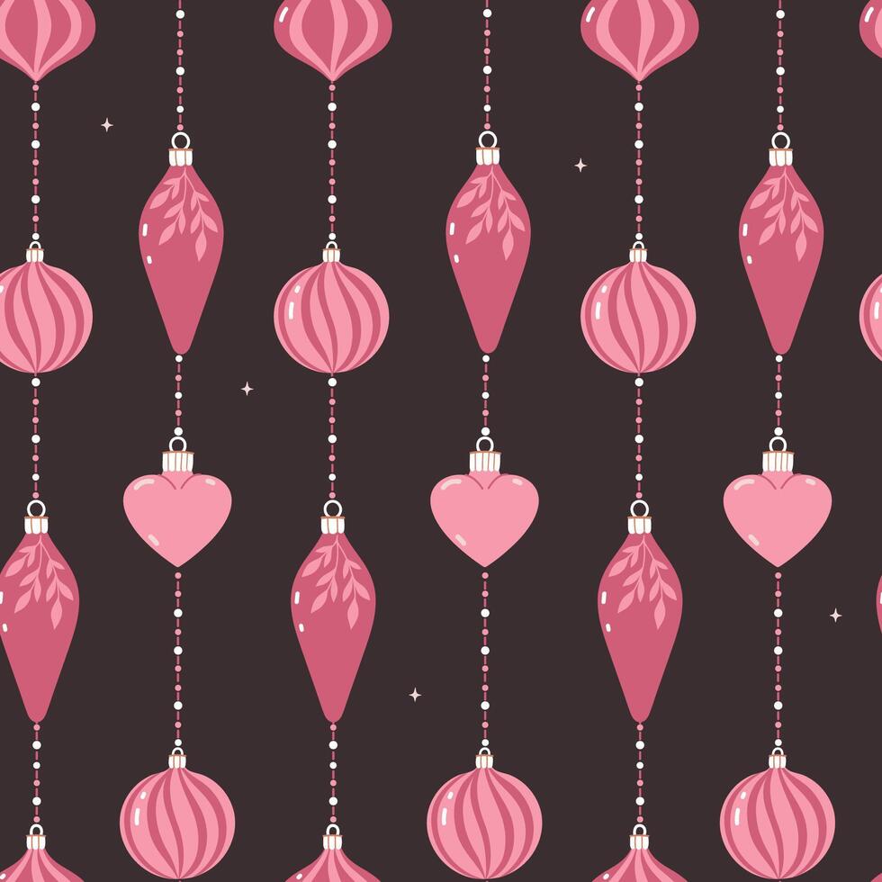 Seamless pattern with pink Christmas tree decorations on a dark background. graphics. vector