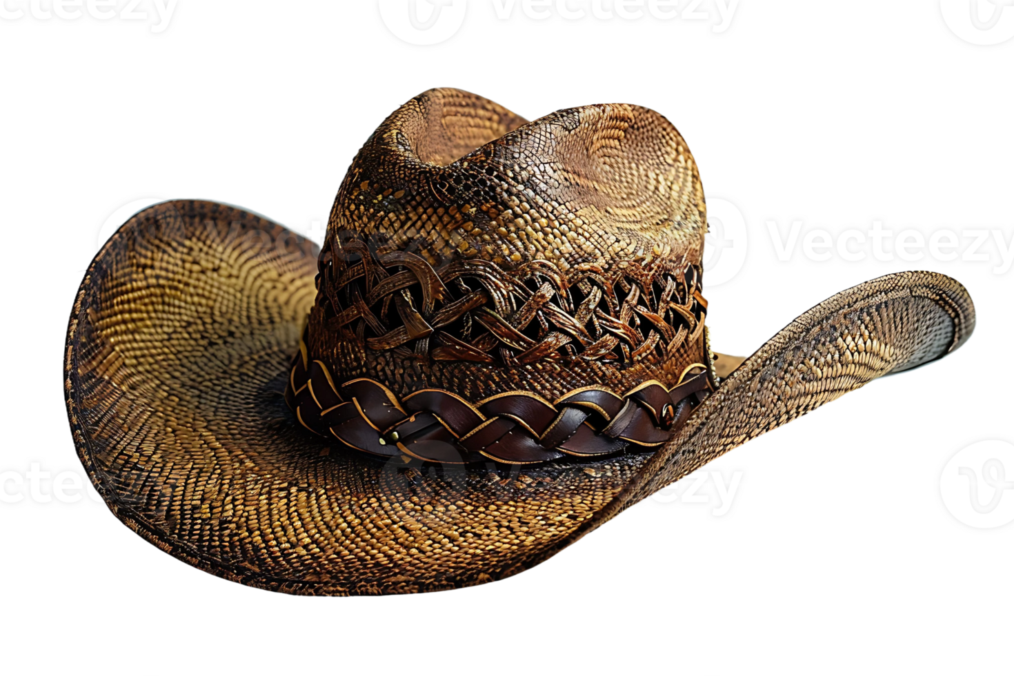 A rustic brown straw cowboy hat with intricate woven leather band detail png