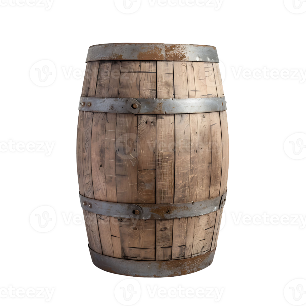 Rustic wooden barrel with metal bands png