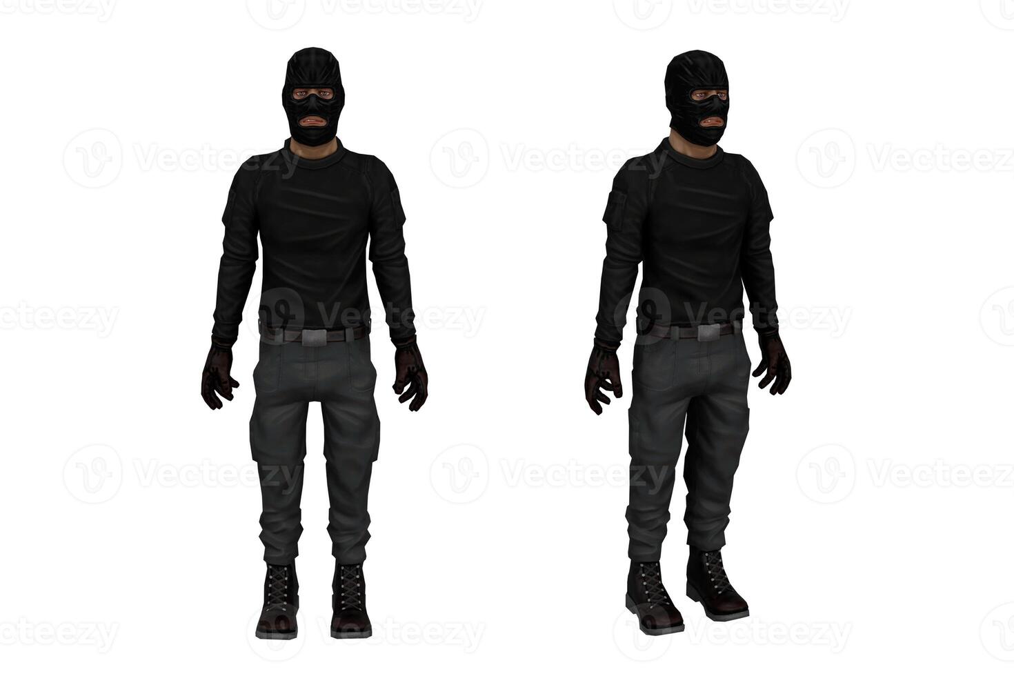 3d rendering thief character with balaclava with two poses photo