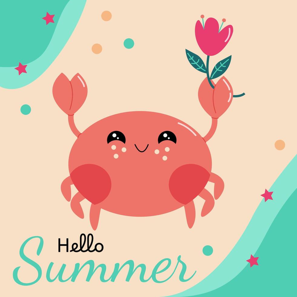 Bright summer card Hello Summer with a funny crab holding a flower on the beach vector