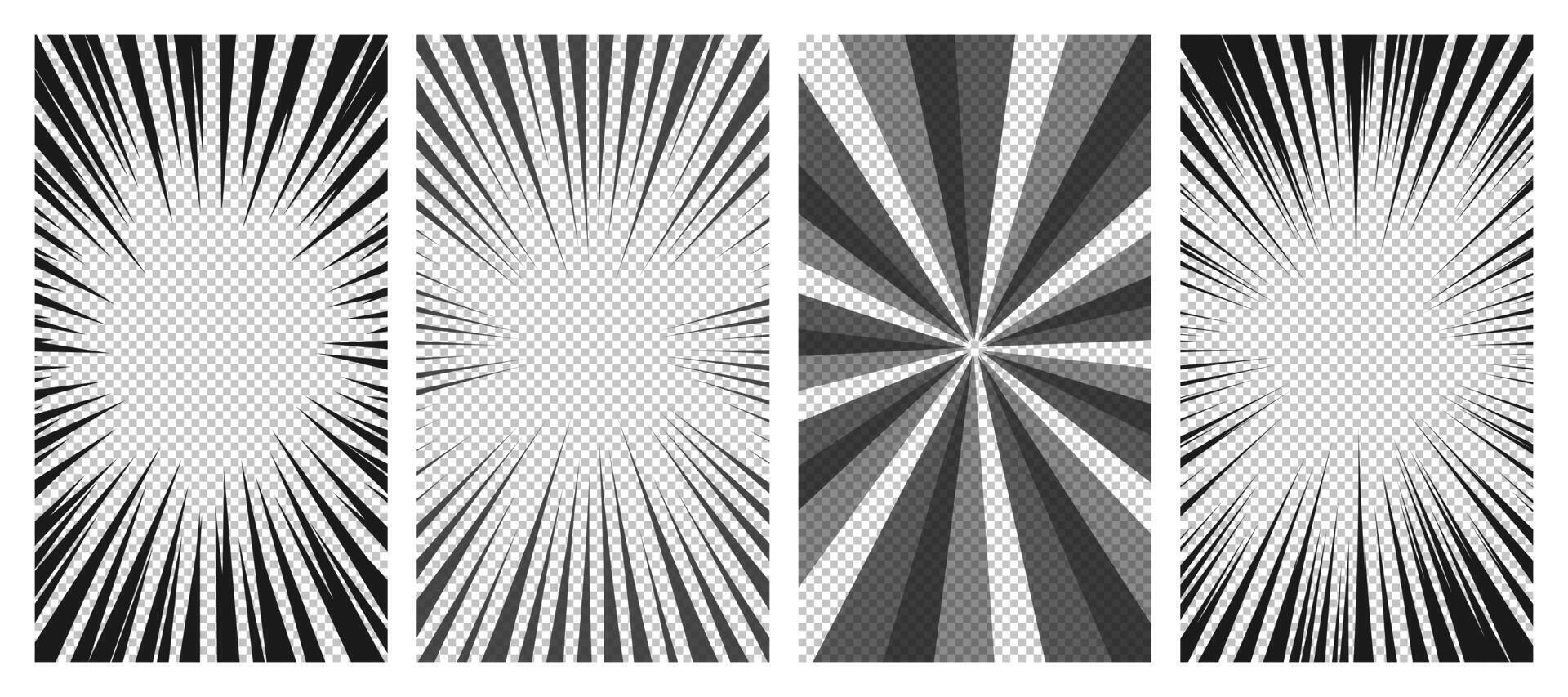 Set of comic book pages with black lines isolated on background. Template with flash explosion rays effect texture. illustration vector