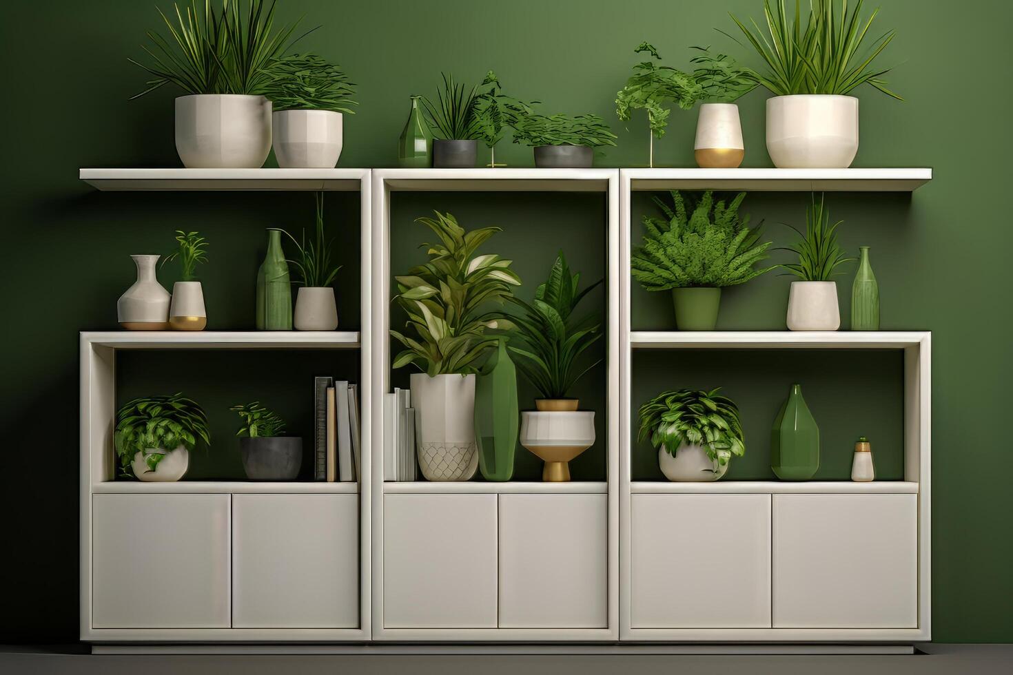 Modern living room decor with assorted potted plants on white shelving units photo