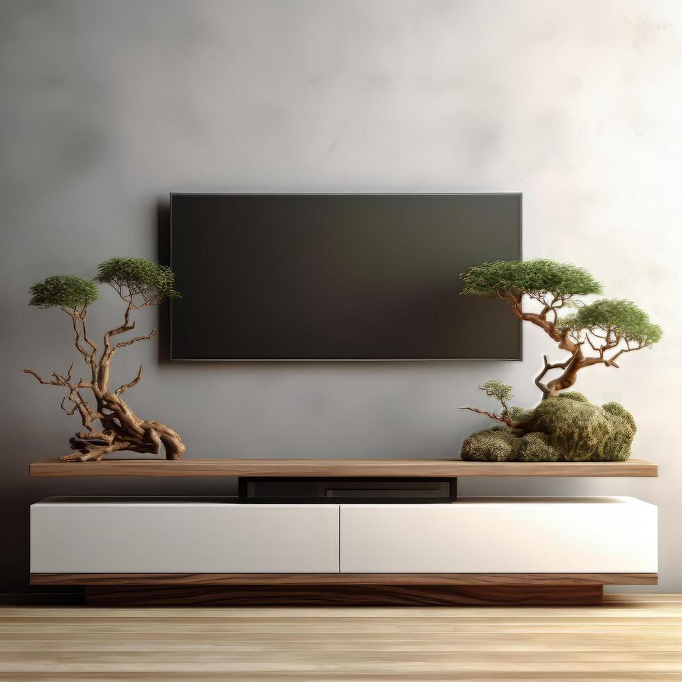 tv stand with a tv on it and a tree on the shelf. photo