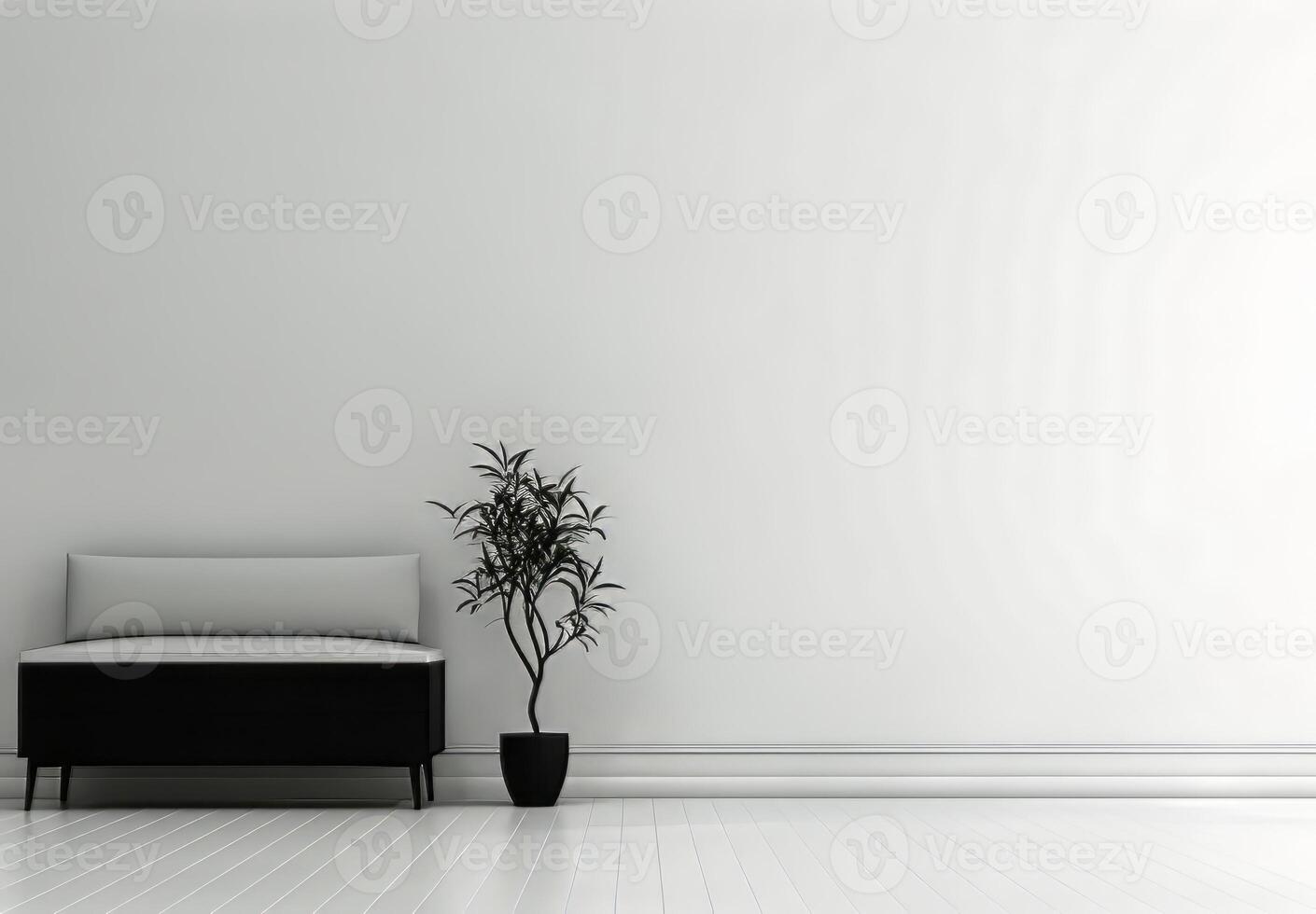 white couch with a plant in a black pot on the floor photo