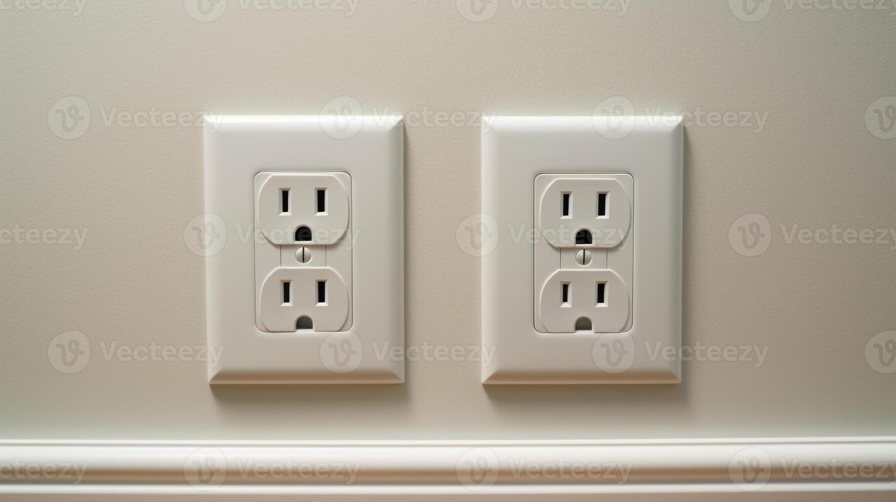 White wall mounted socket board with two electrical sockets and a switch. Neural network photo