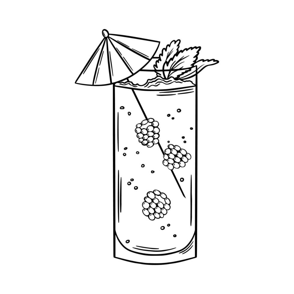 Raspberry Daiquiri Cocktail black and white outline illustration. Bar drink line art. Engraving style. Line drawing vector