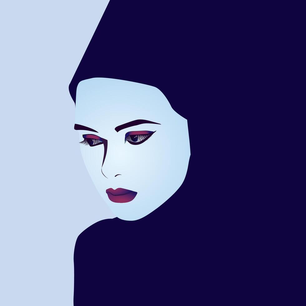 Graphic oriental girl in hijab, purple and gray tones. vector