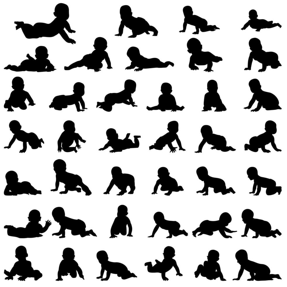 Crawling babies silhouettes illustration set vector