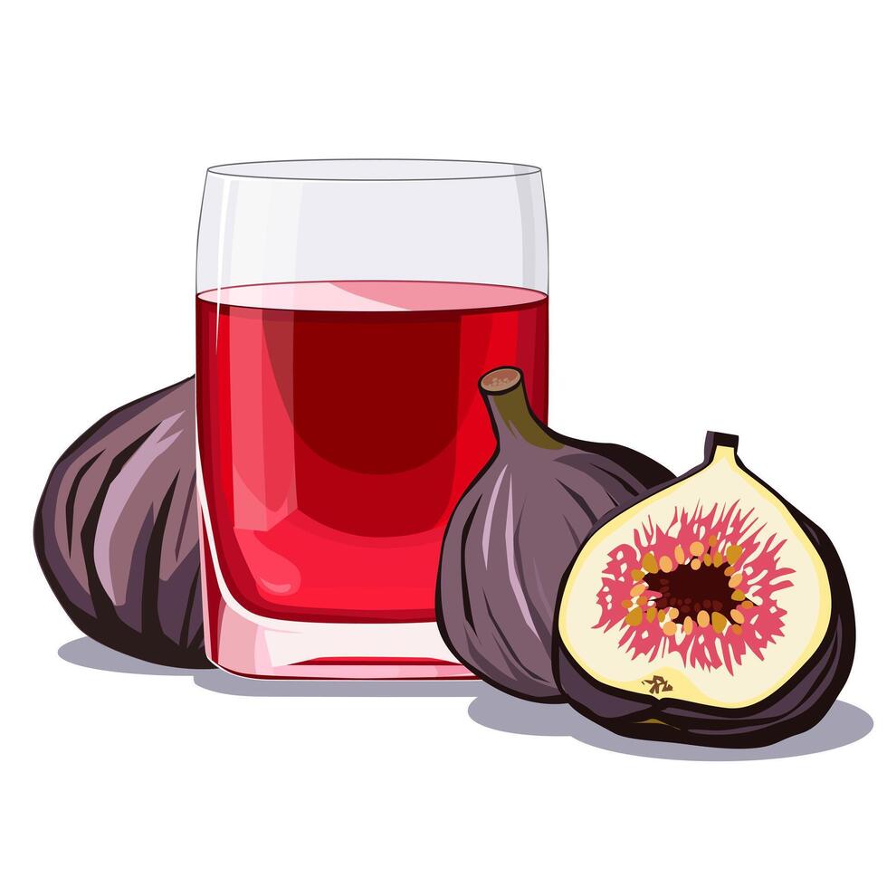 Full glass of red freshly and healthy squeezed figs juice isolated on white background. illustration in flat style with dietary drink. Summer clipart for card, banner, flyer, poster design vector