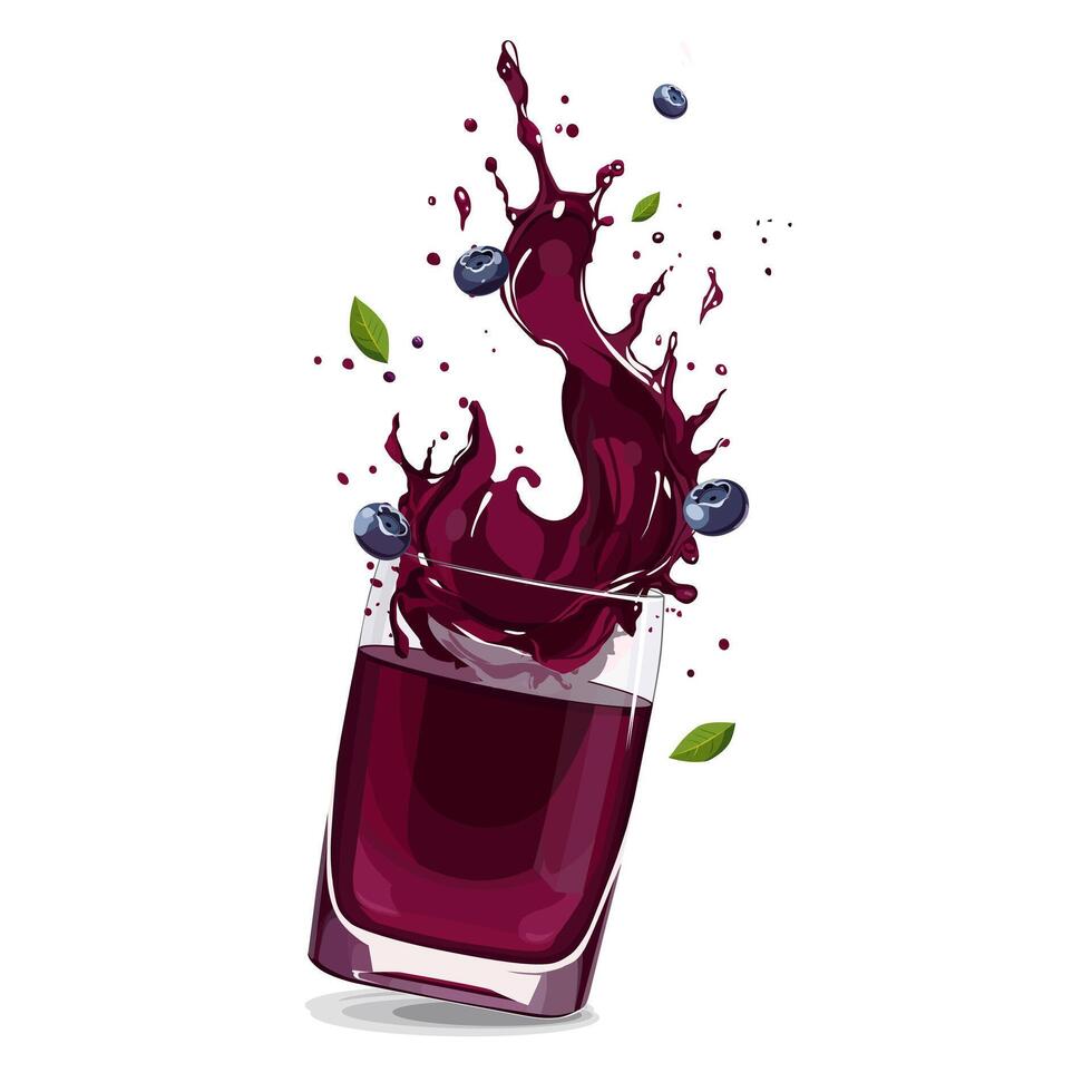 Splashes of vinous freshly and healthy blueberry juice with fruit slices and green leaves. clipart in flat style with drink isolated on white background for card, banner, flyer, design vector