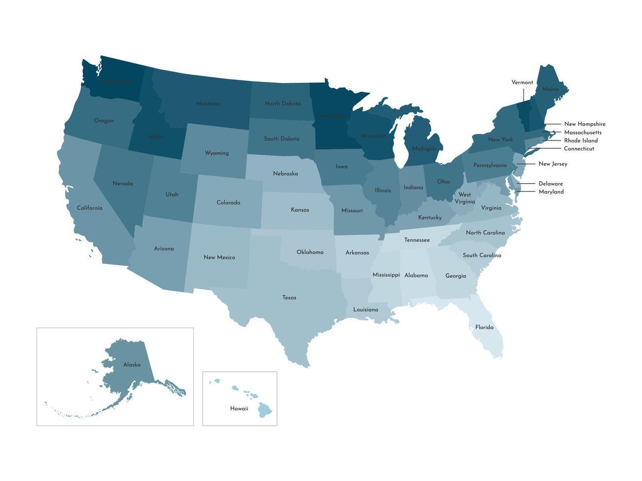 isolated illustration of simplified administrative map of USA, United States of America. Borders and names of the states, regions. Blue silhouettes. vector
