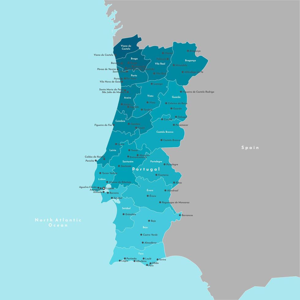 modern illustration. Simplified administrative map of Portugal. Border with nearest state Spain. Blue background of seas. Names of cities and Districts vector