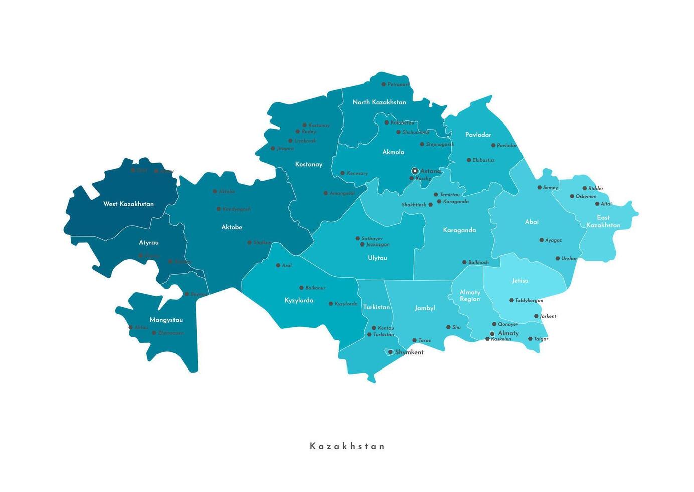 modern isolated illustration. Simplified administrative map of Kazakhstan. Names of capital, cities and regions vector