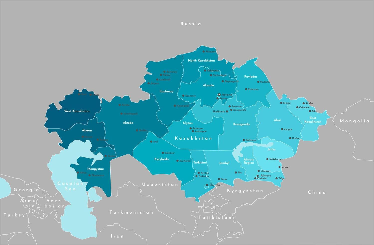 modern illustration. Simplified administrative map of Kazakhstan. Border with nearest states Russia, China and etc. Blue shape of sea. Names of cities and regions vector