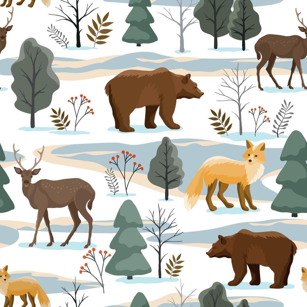 Seamless pattern with animals bear fox deer on winter forest background. vector