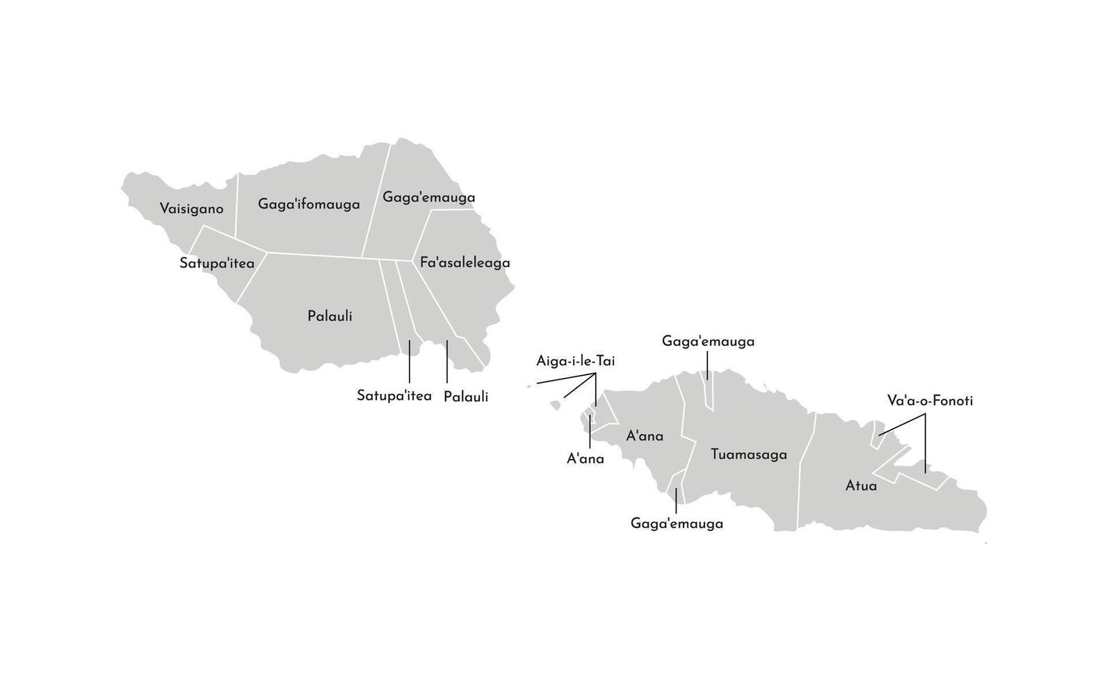 isolated illustration of simplified administrative map of Samoa. Borders and names of the districts, regions. Grey silhouettes. White outline vector