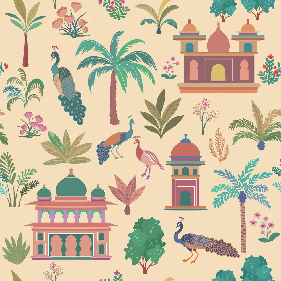 pattern with Indian gardens design elements set, garden trees, palms, peacock architectural arches and palaces vector
