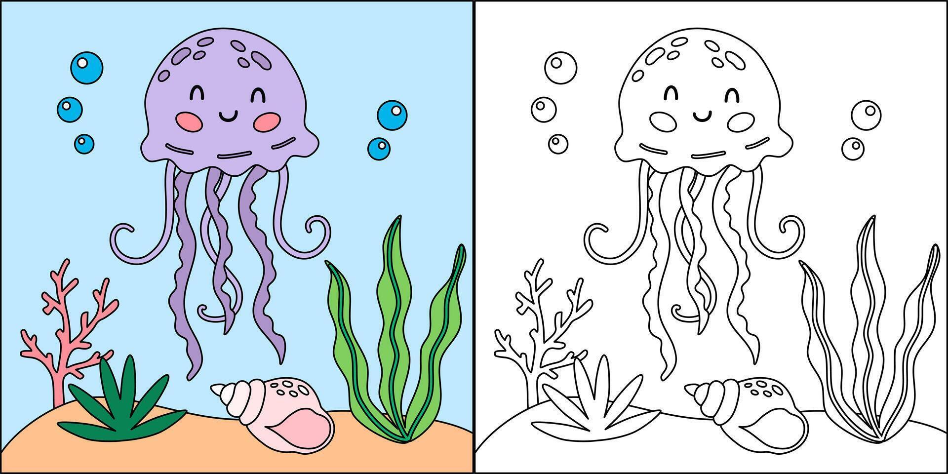 Cute cartoon jellyfish character. Undersea, marine life illustration. Sea animals coloring pages isolated on white background. vector