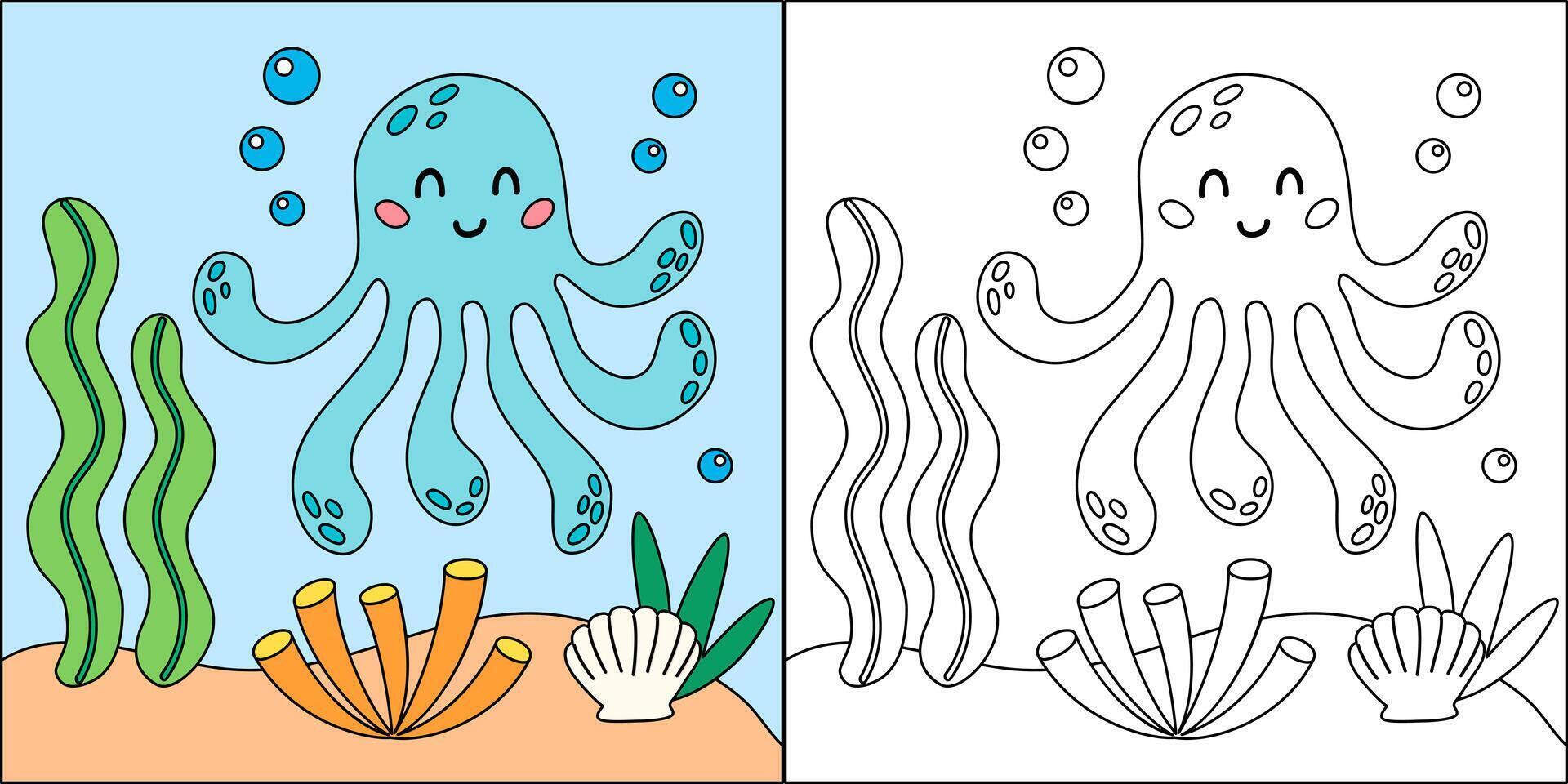 Cute cartoon octopus character. Undersea, marine life illustration. Sea animals coloring pages isolated on white background. vector