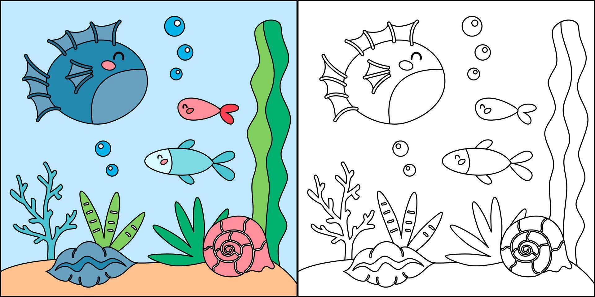 Cute cartoon fish character. Undersea, marine life illustration. Sea animals coloring pages isolated on white background. vector