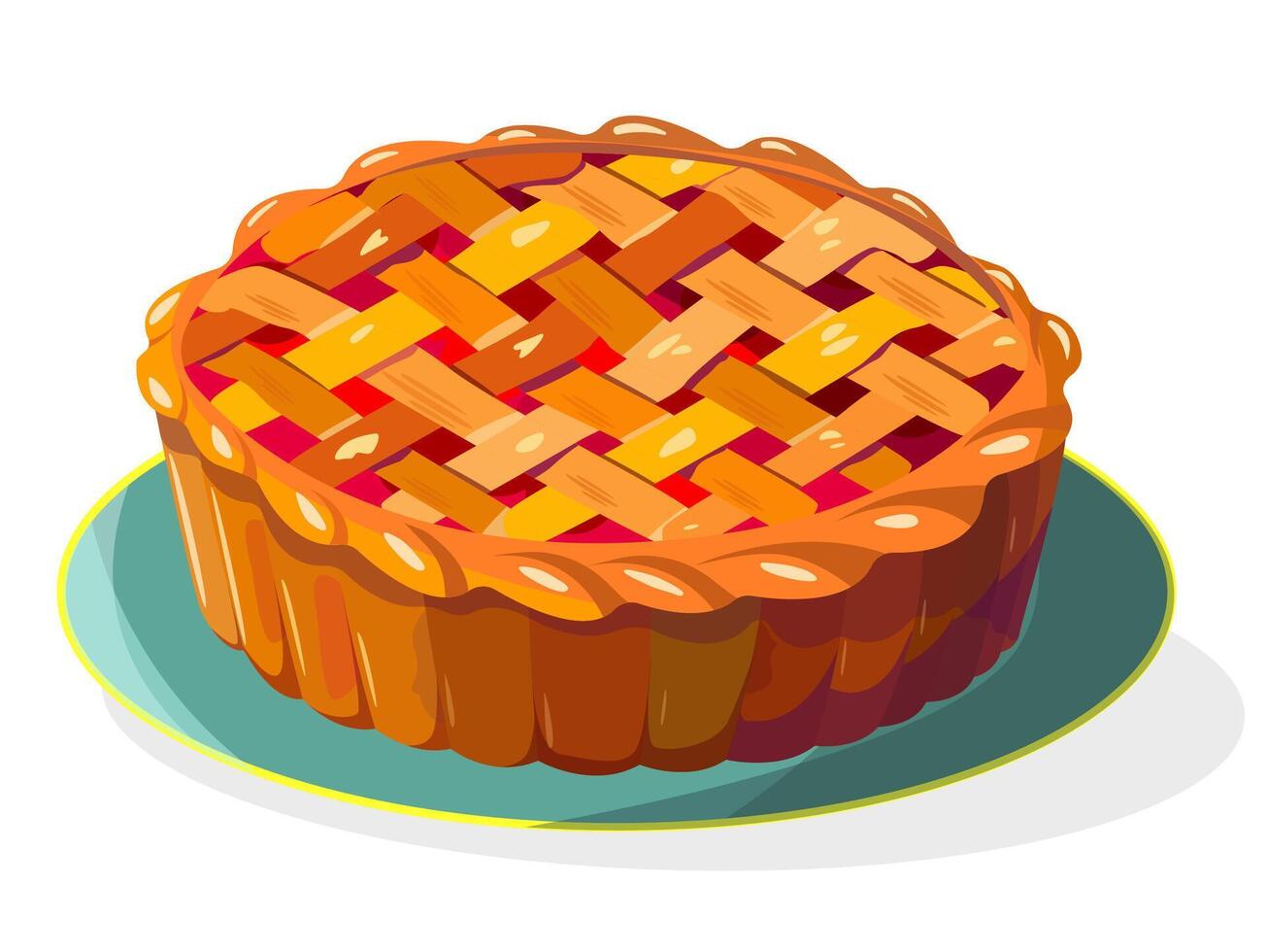 Sweet berry pie Cartoon isolated baked round tart with red jam. whole homemade cake baked round braided pie ruddy on plate vector