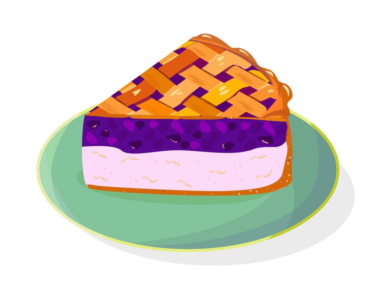 Braided piece pie with blueberries cranberries filling, with white base of cottage cheese. Ready dessert for cafe, menu. Cartoon-style illustration detailed isolated on white background vector